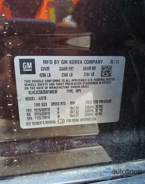 2013 Buick Encore z USA, uszkodzony, nr VIN KL4CJCSB3DB199530